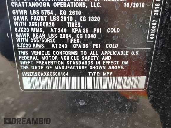 2019 Volkswagen Atlas SEL with VIN 1V2ER2CAXKC509184, listed as a Copart auction lot 58695325 with Not provided miles and Salvage title. Bid and sale history available at DreamBid. Image 13.