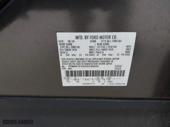 2018 Ford Explorer Limited with VIN 1FM5K7FH5JGC84624, listed as a IAAI auction lot 41509953 with 133,695 mi miles. Bid and sale history available at carsss.com. Image 9.