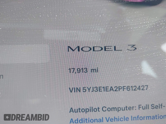 2023 Tesla Model 3 with VIN 5YJ3E1EA2PF612427, listed as a IAAI auction lot 41793756 with 17,913 mi miles and . Bid and sale history available at carsss.com. Image 16.
