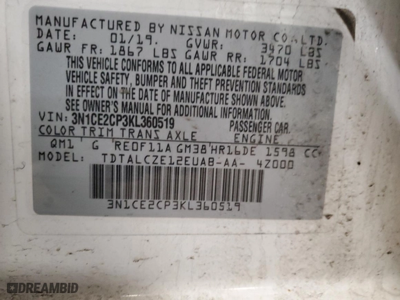 2019 Nissan Versa Note SV with VIN 3N1CE2CP3KL360519, listed as a Copart auction lot 48043955 with 78,338 mi miles and Clean Title. Bid and sale history available at carsss.com. Image 12.