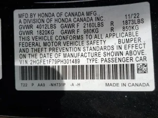 2023 Honda Civic Sedan EX with VIN 2HGFE1F79PH301489, listed as a Copart auction lot 49776375 with 20,175 mi miles and Salvage Title. Bid and sale history available at carsss.com. Image 14.