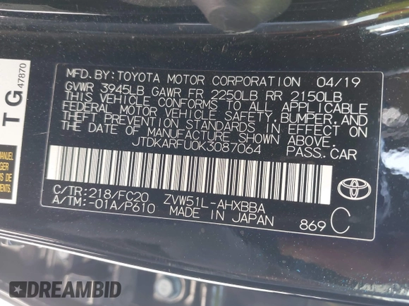 2019 Toyota Prius L Eco with VIN JTDKARFU0K3087064, listed as a IAAI auction lot 41986365 with 81,735 mi miles. Bid and sale history available at carsss.com. Image 9.