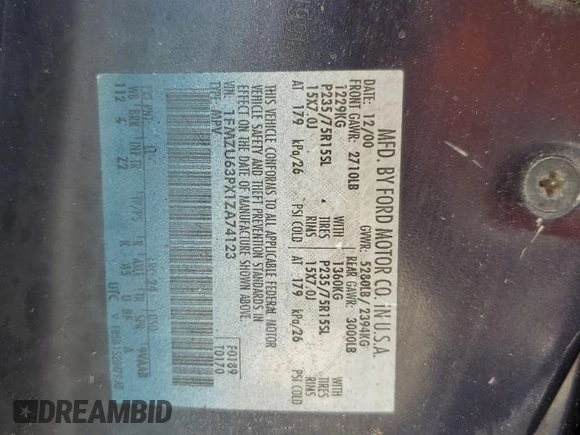 2001 Ford Explorer XLT with VIN 1FMZU63PX1ZA74123, listed as a Copart auction lot 75094814 with Not provided miles and Salvage title. Bid and sale history available at DreamBid. Image 12.