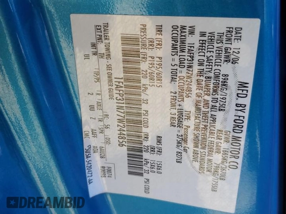 2007 Ford Focus S z VIN 1FAFP31N77W244856, wystawiony jako Copart lot #88972705 z przebiegiem Nie podano mil oraz Szkoda całkowita • Salvage title. Historia ofert i sprzedaży dostępna na DreamBid. Obrazek 14.