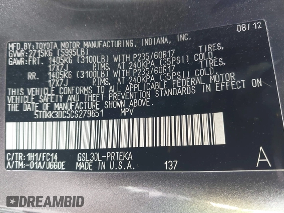 2012 Toyota Sienna LE AAS with VIN 5TDKK3DC5CS279651, listed as a IAAI auction lot 41941859 with 131,262 mi miles and . Bid and sale history available at DreamBid. Image 9.