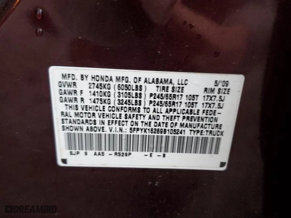 2009 Honda Ridgeline RT with VIN 5FPYK16269B105241, listed as a Copart auction lot 51236475 with 151,495 mi miles and Salvage Title. Bid and sale history available at carsss.com. Image 14.
