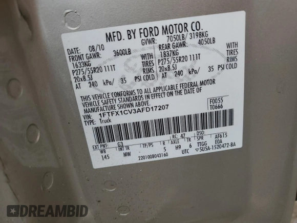 2010 Ford F-150 XL with VIN 1FTFX1CV3AFD17207, listed as a Copart auction lot 44138395 with 122,570 mi miles and Salvage Title. Bid and sale history available at carsss.com. Image 12.