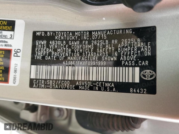 2015 Toyota Camry XLE with VIN 4T1BF1FKXFU991999, listed as a Copart auction lot 50639475 with 127,682 mi miles and Salvage Title. Bid and sale history available at DreamBid. Image 12.