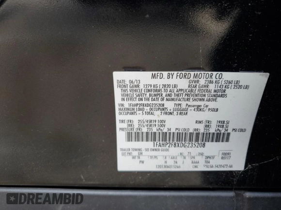 2013 Ford Taurus Limited с VIN 1FAHP2F8XDG235208, выставлен на аукционе Copart как лот 86684804 с пробегом Не указан миль и Списание • Salvage title. История ставок и продаж доступна на DreamBid. Изображение 12.