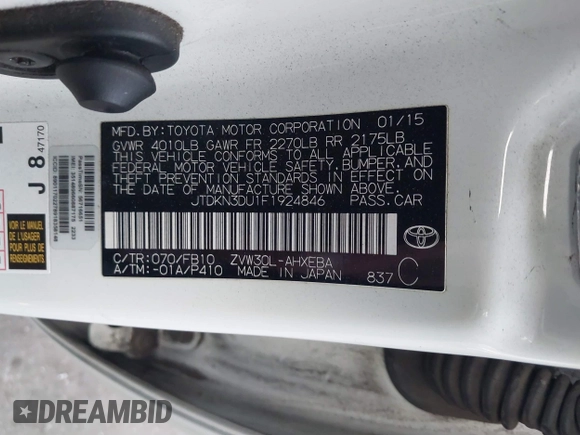 2015 Toyota Prius Four with VIN JTDKN3DU1F1924846, listed as a IAAI auction lot 41228717 with 132,542 mi miles and . Bid and sale history available at DreamBid. Image 9.