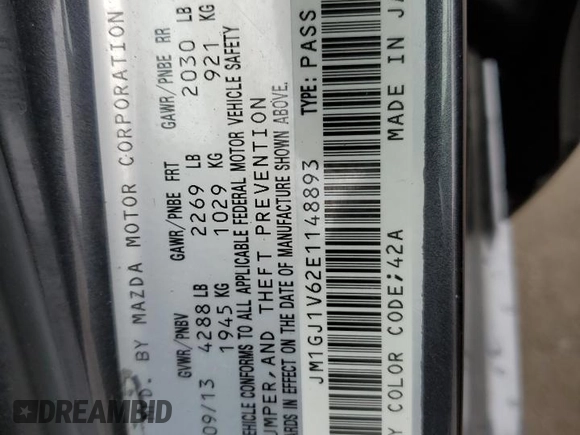 2014 Mazda 6 i Touring with VIN JM1GJ1V62E1148893, listed as a Copart auction lot 53800325 with 93,329 mi miles and Salvage Title. Bid and sale history available at DreamBid. Image 12.