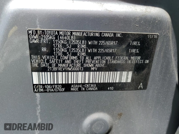 2017 Toyota RAV4 LE with VIN 2T3BFREV1HW566613, listed as a Copart auction lot 59925655 with 74,444 mi miles and Salvage title. Bid and sale history available at DreamBid. Image 13.