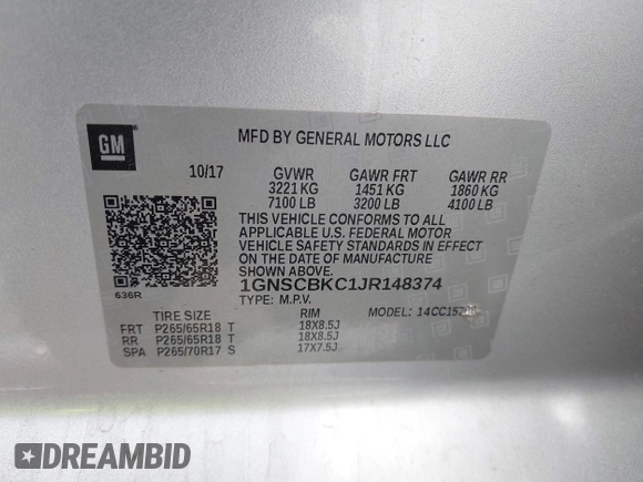 2018 Chevrolet Tahoe LT with VIN 1GNSCBKC1JR148374, listed as a IAAI auction lot 42247479 with 90,550 mi miles and . Bid and sale history available at DreamBid. Image 9.