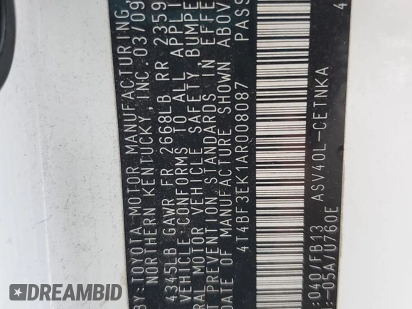 2010 Toyota Camry with VIN 4T4BF3EK1AR008087, listed as a Copart auction lot 55064535 with 355,477 mi miles and Salvage Title. Bid and sale history available at DreamBid. Image 13.