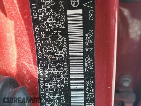 2011 Toyota Prius I z VIN JTDKN3DU6B5340669, wystawiony jako Copart lot #57513955 z przebiegiem 216 266 mil mil oraz Szkoda całkowita • Salvage title. Historia ofert i sprzedaży dostępna na DreamBid. Obrazek 12.