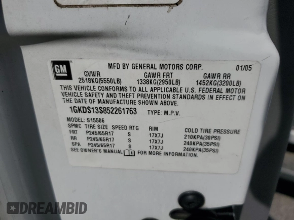 2005 GMC Envoy SLT with VIN 1GKDS13S852261763, listed as a Copart auction lot 75420254 with 182,559 mi miles and Salvage Title. Bid and sale history available at DreamBid. Image 13.