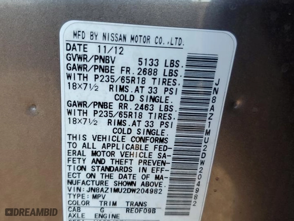 2013 Nissan Murano SV with VIN JN8AZ1MU2DW204982, listed as a Copart auction lot 87325414 with 159,215 mi miles and Salvage Title. Bid and sale history available at carsss.com. Image 13.