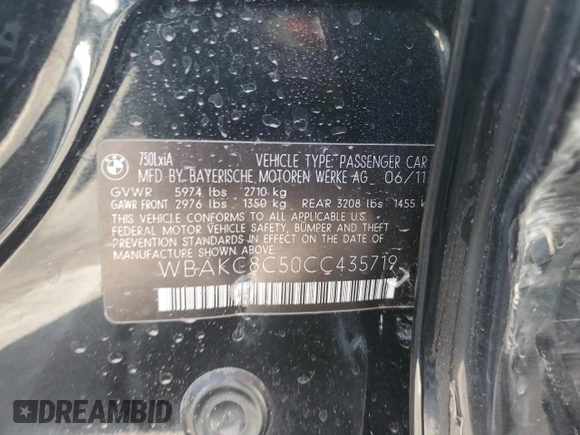 2012 BMW 7 Series 750Li xDrive с VIN WBAKC8C50CC435719, выставлен на аукционе Copart как лот 50041005 с пробегом 78 482 миль миль и Списание • Salvage title. История ставок и продаж доступна на DreamBid. Изображение 14.