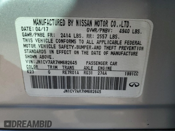 2017 Infiniti Q50 2.0t Premium with VIN JN1CV7AR7HM682645, listed as a Copart auction lot 49962645 with 85,715 mi miles and Salvage Title. Bid and sale history available at carsss.com. Image 12.