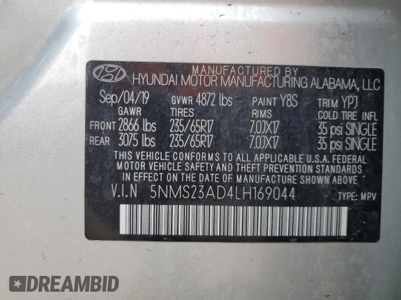 2020 Hyundai Santa Fe SE z VIN 5NMS23AD4LH169044, wystawiony jako Copart lot #59228725 z przebiegiem 99 868 mil mil oraz Szkoda całkowita • Salvage title. Historia ofert i sprzedaży dostępna na DreamBid. Obrazek 14.