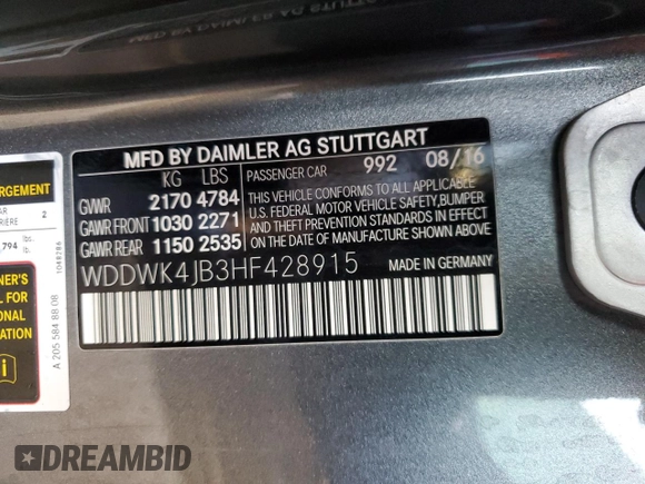 2017 Mercedes-Benz C 300 with VIN WDDWK4JB3HF428915, listed as a Copart auction lot 77944844 with 57,241 mi miles and Salvage Title. Bid and sale history available at DreamBid. Image 12.