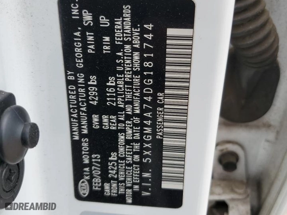2013 Kia Optima LX with VIN 5XXGM4A74DG181744, listed as a Copart auction lot 51662345 with 167,836 mi miles and Salvage Title. Bid and sale history available at carsss.com. Image 14.