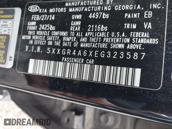 2014 Kia Optima SXL Turbo with VIN 5XXGR4A6XEG323587, listed as a IAAI auction lot 42130696 with 249,982 mi miles and . Bid and sale history available at DreamBid. Image 9.