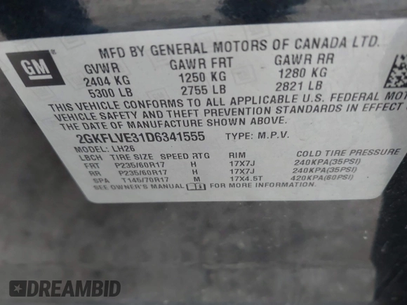 2013 GMC Terrain SLT with VIN 2GKFLVE31D6341555, listed as a IAAI auction lot 41508872 with 100,954 mi miles and . Bid and sale history available at carsss.com. Image 9.