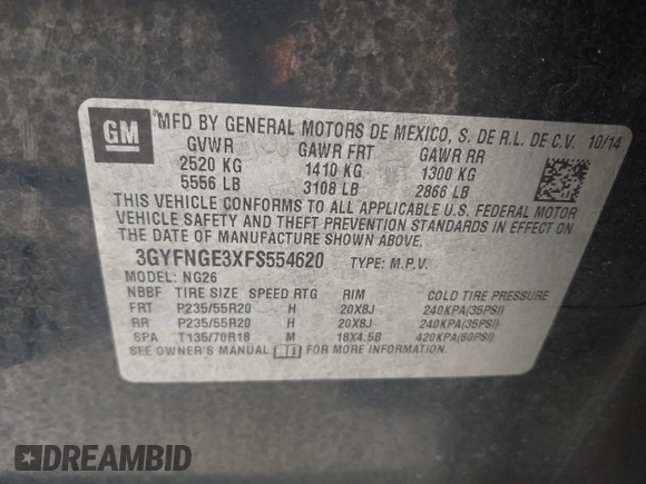 2015 Cadillac SRX Premium Collection with VIN 3GYFNGE3XFS554620, listed as a IAAI auction lot 42308670 with 95,063 mi miles and . Bid and sale history available at DreamBid. Image 9.