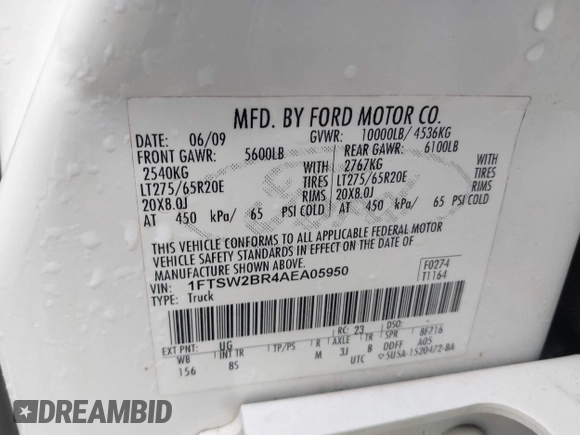 2010 Ford F-250 XL with VIN 1FTSW2BR4AEA05950, listed as a IAAI auction lot 42194490 with 279,929 mi miles and . Bid and sale history available at DreamBid. Image 9.
