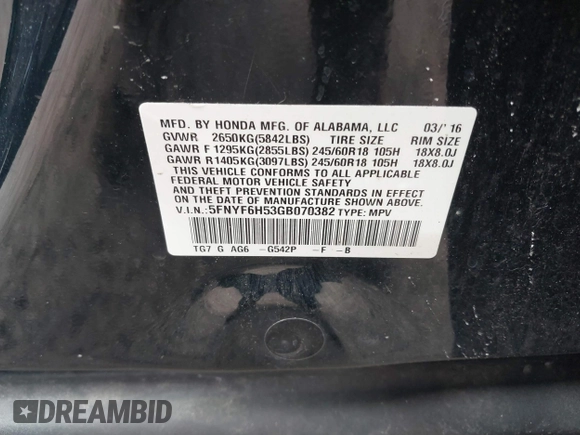 2016 Honda Pilot EX-L with VIN 5FNYF6H53GB070382, listed as a IAAI auction lot 39476567 with 83,741 mi miles and . Bid and sale history available at DreamBid. Image 9.