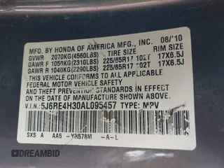 2010 Honda CR-V LX with VIN 5J6RE4H30AL095457, listed as a IAAI auction lot 42706319 with 266,646 mi miles and . Bid and sale history available at DreamBid. Image 9.