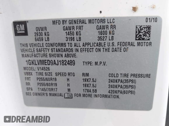 2010 GMC Acadia SLT1 with VIN 1GKLVMED9AJ182489, listed as a IAAI auction lot 42381529 with 191,345 mi miles and . Bid and sale history available at DreamBid. Image 9.