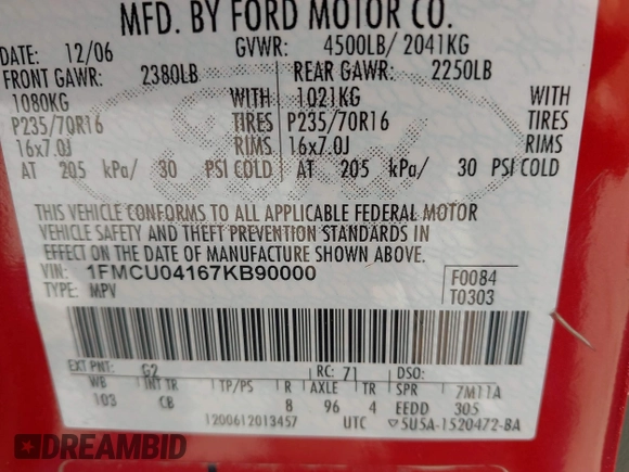 2007 Ford Escape Limited with VIN 1FMCU04167KB90000, listed as a IAAI auction lot 42217640 with 233,117 mi miles and . Bid and sale history available at DreamBid. Image 9.