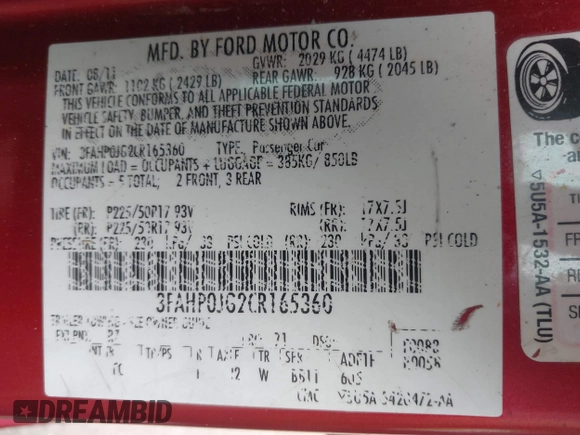 2012 Ford Fusion SEL z VIN 3FAHP0JG2CR165360, wystawiony jako IAAI lot #42064448 z przebiegiem 199 500 mil mil oraz . Historia ofert i sprzedaży dostępna na DreamBid. Obrazek 9.