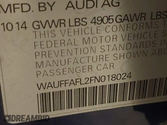 2015 Audi A4 Premium Plus with VIN WAUFFAFL2FN018024, listed as a IAAI auction lot 41364003 with 62,148 mi miles. Bid and sale history available at carsss.com. Image 9.
