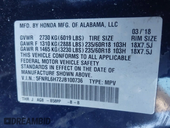 2018 Honda Odyssey EX-L with VIN 5FNRL6H72JB100736, listed as a IAAI auction lot 41350954 with 113,504 mi miles. Bid and sale history available at carsss.com. Image 9.