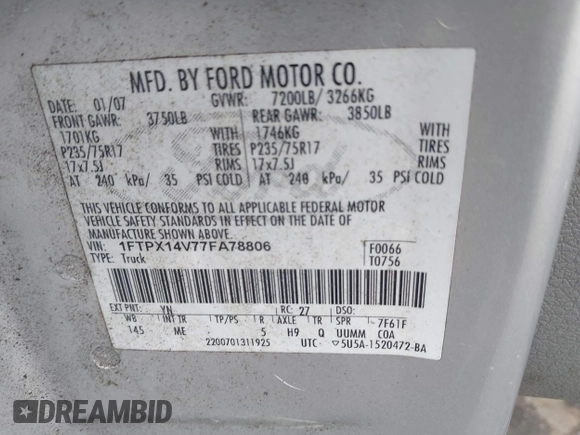 2007 Ford F-150 XLT with VIN 1FTPX14V77FA78806, listed as a IAAI auction lot 42578145 with 242,750 mi miles and . Bid and sale history available at DreamBid. Image 9.