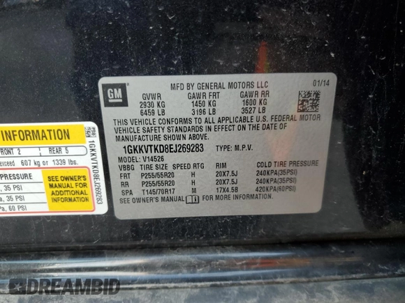 2014 GMC Acadia Denali z VIN 1GKKVTKD8EJ269283, wystawiony jako Copart lot #54201065 z przebiegiem Nie podano mil oraz Szkoda całkowita • Salvage title. Historia ofert i sprzedaży dostępna na DreamBid. Obrazek 13.