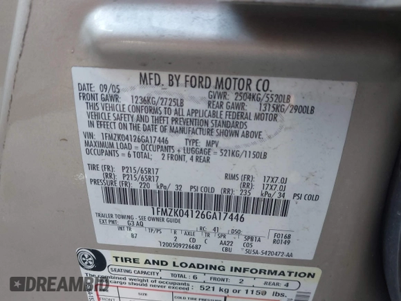 2006 Ford Freestyle SE with VIN 1FMZK04126GA17446, listed as a IAAI auction lot 41659894 with 259,878 mi miles. Bid and sale history available at carsss.com. Image 9.