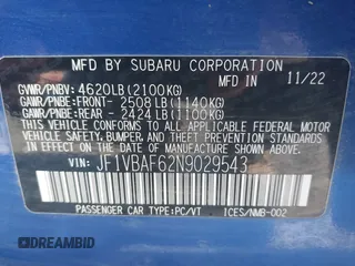 2022 Subaru WRX Premium with VIN JF1VBAF62N9029543, listed as a IAAI auction lot 41642982 with 15,597 mi miles and . Bid and sale history available at DreamBid. Image 9.