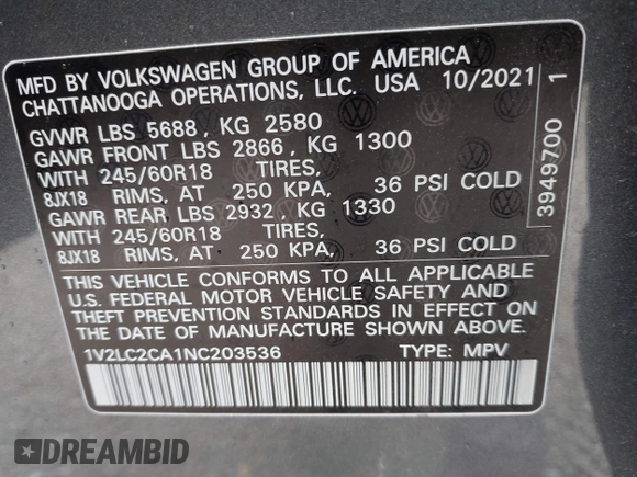 2022 Volkswagen Atlas SE with VIN 1V2LC2CA1NC203536, listed as a IAAI auction lot 42310598 with 28,724 mi miles and . Bid and sale history available at DreamBid. Image 9.