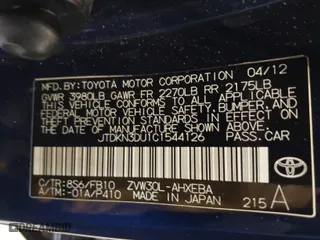 2012 Toyota Prius One with VIN JTDKN3DU1C1544126, listed as a IAAI auction lot 41896219 with 75,859 mi miles. Bid and sale history available at carsss.com. Image 9.