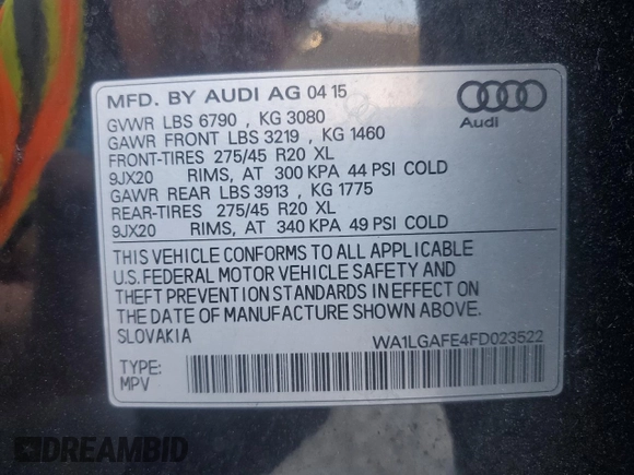 2015 Audi Q7 3.0T Premium Plus with VIN WA1LGAFE4FD023522, listed as a Copart auction lot 71994884 with 121,313 mi miles and Clean Title. Bid and sale history available at carsss.com. Image 14.