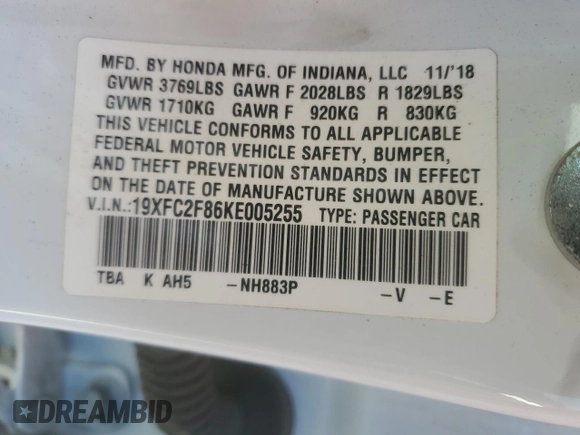 2019 Honda Civic Sport with VIN 19XFC2F86KE005255, listed as a Copart auction lot 56066665 with 60,269 mi miles and Salvage title. Bid and sale history available at DreamBid. Image 12.