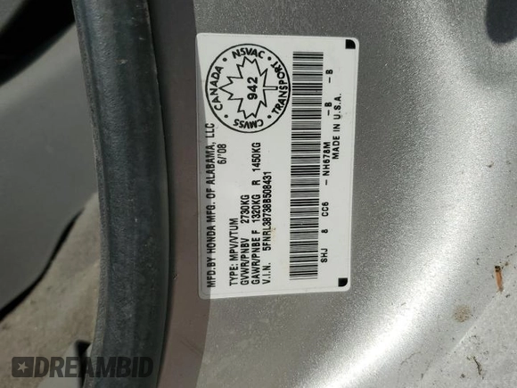 2008 Honda Odyssey EX-L z VIN 5FNRL38738B508431, wystawiony jako Copart lot #59851195 z przebiegiem Nie podano mil oraz Czysty tytuł • Clean title. Historia ofert i sprzedaży dostępna na DreamBid. Obrazek 14.