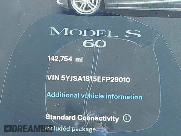 2014 Tesla Model S 60 with VIN 5YJSA1S15EFP29010, listed as a IAAI auction lot 41798180 with 142,754 mi miles and . Bid and sale history available at DreamBid. Image 15.