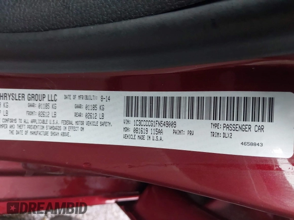 2015 Chrysler 200 C with VIN 1C3CCCCG1FN549009, listed as a IAAI auction lot 41702587 with 61,733 mi miles and . Bid and sale history available at carsss.com. Image 9.