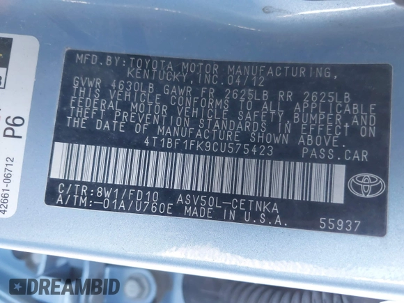 2012 Toyota Camry L z VIN 4T1BF1FK9CU575423, wystawiony jako IAAI lot #41665579 z przebiegiem 161 775 mil mil oraz . Historia ofert i sprzedaży dostępna na DreamBid. Obrazek 9.