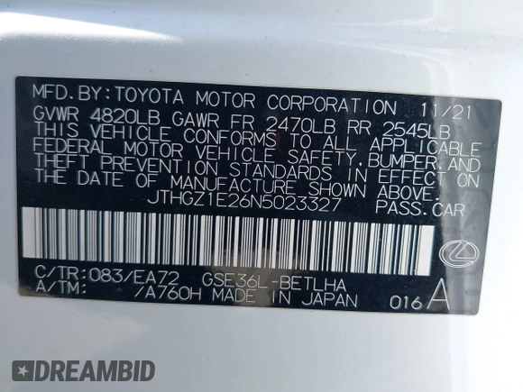 2022 Lexus IS 350 F Sport with VIN JTHGZ1E26N5023327, listed as a IAAI auction lot 42286717 with 32,098 mi miles and . Bid and sale history available at DreamBid. Image 9.